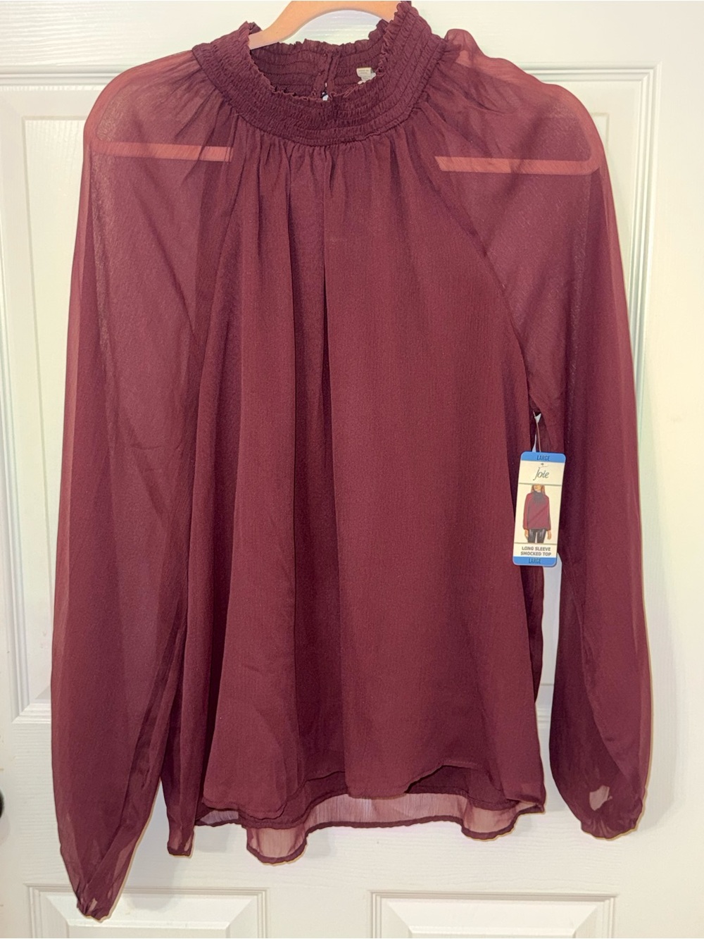 Joie Burgundy Sheer Smocked-Neck Long Sleeve Blouse
